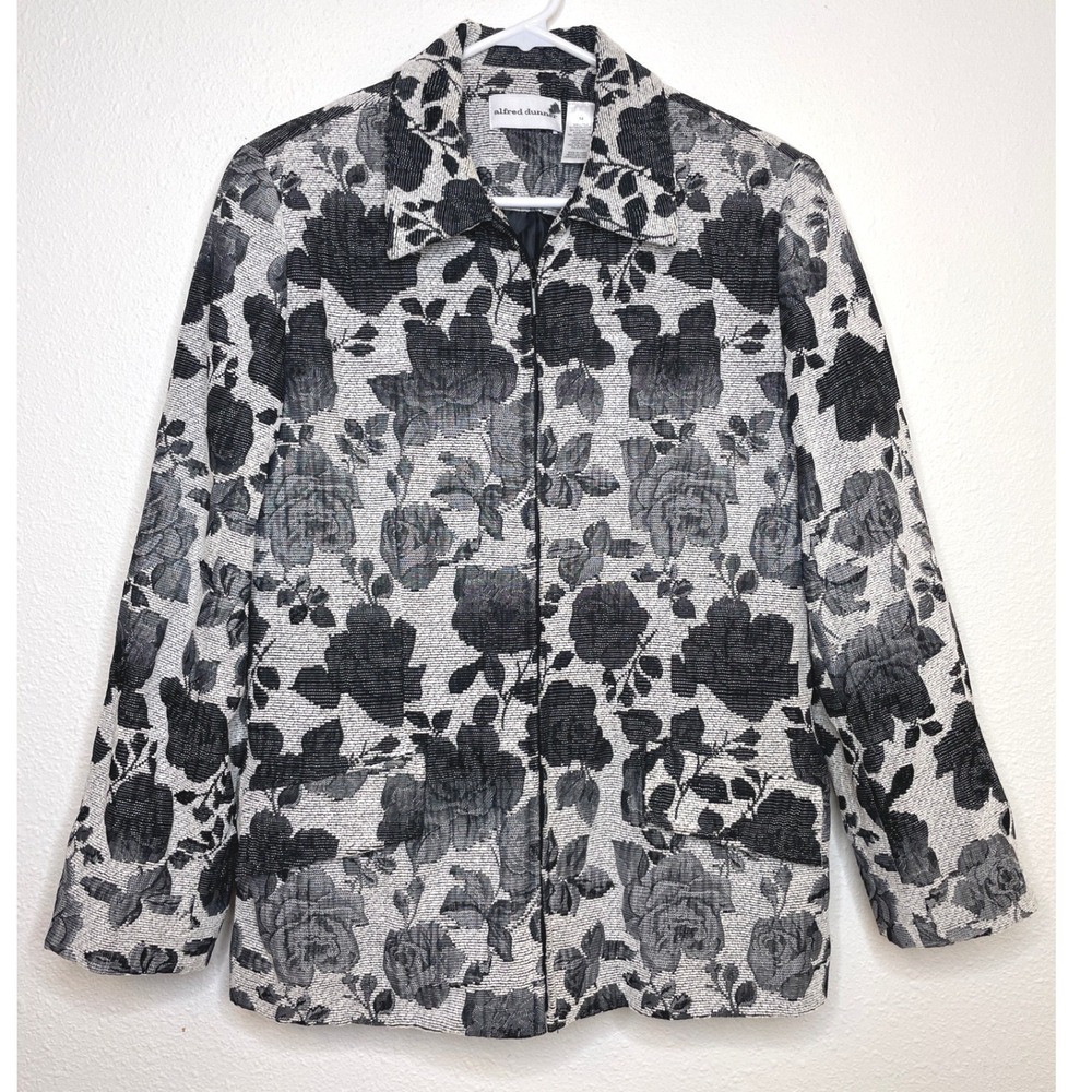 Alfred Dunner Womens Jacket Floral Tapestry Zip Front Size 14 Black White - Picture 1 of 8